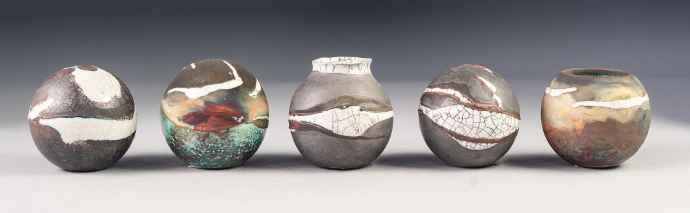 BABS TAYLOR, COLLECTION OF FIVE RAKU FIRED STUDIO POTTERY 'SMOKE BALLS' three of near spherical form - Image 2 of 2