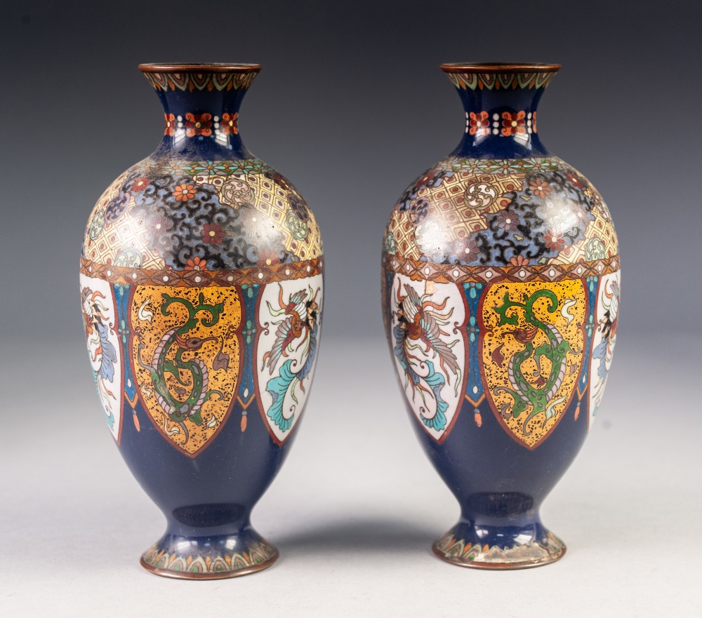 PAIR OF JAPANESE LATE MEIJI PERIOD CLOISONNÉ VASES, each of footed ovoid form with waisted, short - Image 5 of 5