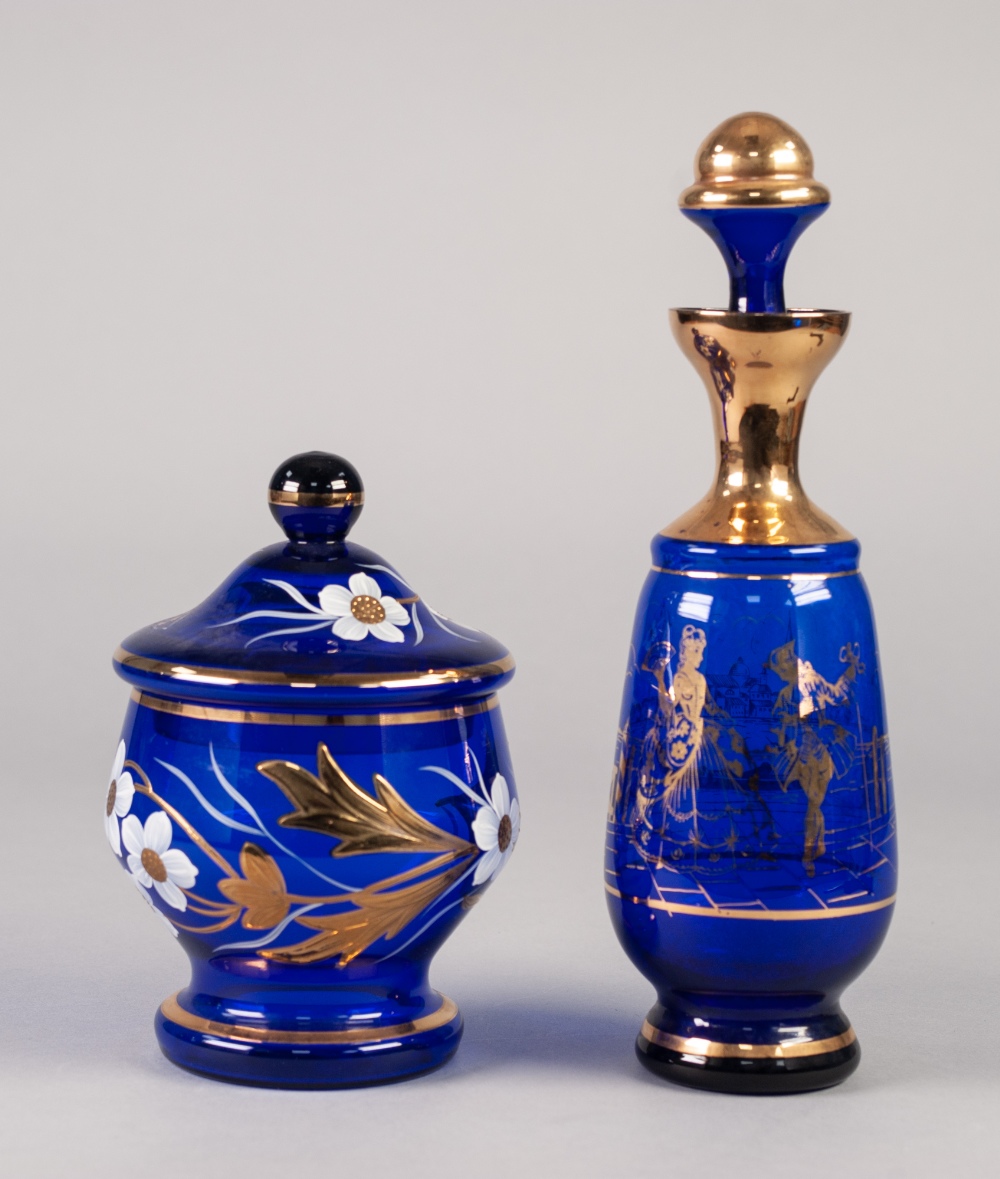 MODERN MURANO BLUE GLASS SOUVENIR DECANTER AND STOPPER, of footed, tapering form, gilt printed