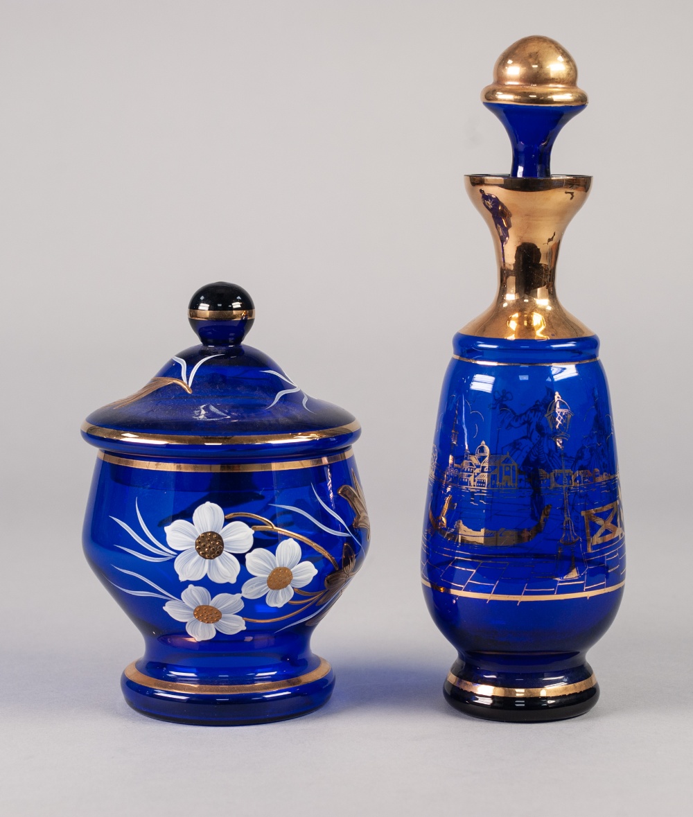 MODERN MURANO BLUE GLASS SOUVENIR DECANTER AND STOPPER, of footed, tapering form, gilt printed - Image 2 of 2