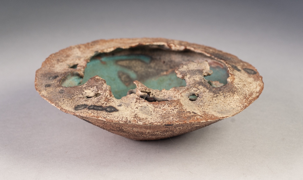 ROBERT FOURNIER MOULDED STUDIO POTTERY WATER GARDEN OR CRATER BOWL, of typical form, glazed in - Image 3 of 5