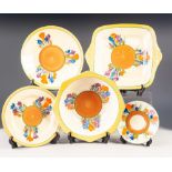 FIVE PIECES OF CLARICE CLIFF FOR NEWPORT POTTERY 'CROCUS' PATTERN POTTERY, the design painted around