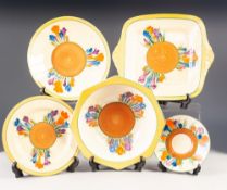 FIVE PIECES OF CLARICE CLIFF FOR NEWPORT POTTERY 'CROCUS' PATTERN POTTERY, the design painted around