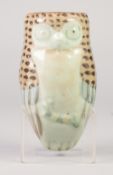 AN ORIENTAL CELADON GLAZE 'OWL' FORM WALL POCKET, accentuated with enamelling, 7" (17.5cm) long