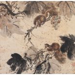 YU RUIDONG WATERCOLOUR Chinese 'freestyle' study of two squirrels on opposing branches Signed with