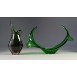 MURANO GREEN AND AMBER CASED 'BEAKED' GLASS VASE, 9 ¾" (24.8cm) high, together with a STYLISH