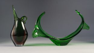 MURANO GREEN AND AMBER CASED 'BEAKED' GLASS VASE, 9 ¾" (24.8cm) high, together with a STYLISH