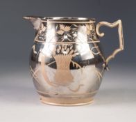 EARLY NINETEENTH CENTURY SILVER RESIST LUSTRE WARE POTTERY JUG, of typical form with angular