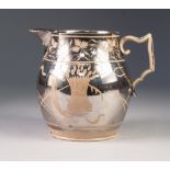 EARLY NINETEENTH CENTURY SILVER RESIST LUSTRE WARE POTTERY JUG, of typical form with angular