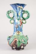 MID NINETEENTH CENTURY MANUEL MAFRA, PORTUGUESE MA JOLICA PALISSY WARE TWO HANDLED POTTERY VASE,