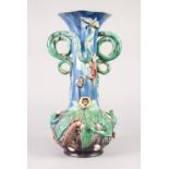 MID NINETEENTH CENTURY MANUEL MAFRA, PORTUGUESE MA JOLICA PALISSY WARE TWO HANDLED POTTERY VASE,