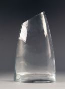 1970's CLEAR GLASS VASE IN THE MODERNIST STYLE, of slightly flattened, tapering form with solid base