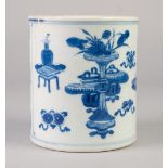 A CHINESE QING DYNASTY BLUE AND WHITE PORCELAIN BITONG OR BRUSH POT painted with precious and