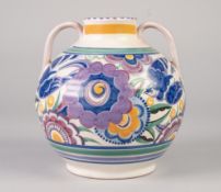 A POST 1925 POOLE POTTERY TWO HANDLED GLOBULAR VASE, typically decorated in mauve, blues, green