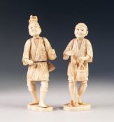 TWO JAPANESE MEIJI PERIOD CARVED SECTIONAL IVORY FIGURES OF STREET VENDORS, both modelled standing