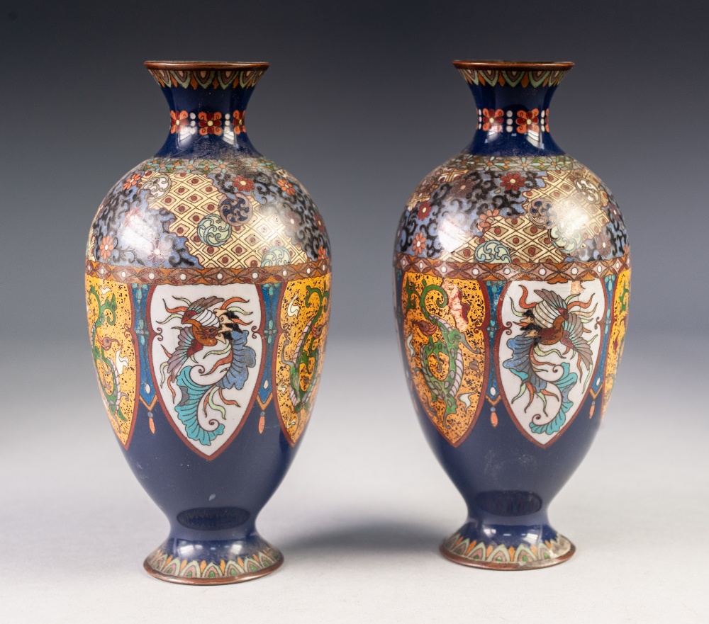 PAIR OF JAPANESE LATE MEIJI PERIOD CLOISONNÉ VASES, each of footed ovoid form with waisted, short - Image 4 of 5