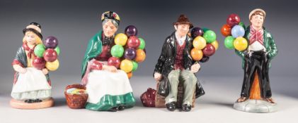 FOUR ROYAL DOULTON BALLOON SELLER CHINA FIGURES, comprising: 'THE BALLOON MAN', HN 1954, 'THE OLD