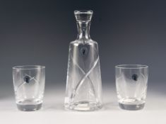 WATERFORD 'SIREN' DESIGN GLASS DECANTER AND STOPPER AND MATCHING PAIR OF TUMBLERS, in original