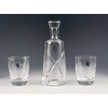 WATERFORD 'SIREN' DESIGN GLASS DECANTER AND STOPPER AND MATCHING PAIR OF TUMBLERS, in original