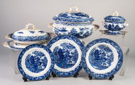 THIRTY SEVEN PIECE NINETEENTH CENTURY COPELAND WILLOW PATTERN BLUE AND WHITE POTTERY PART DINNER