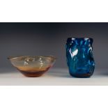 1960's WHITEFRIARS KINGFISHER BLUE 'KNOBBLY' GLASS VASE, of broad, cylindrical form, 7 ¾" (19.7cm)