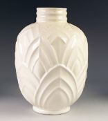 BOCH FRERES WHITE GLAZED MOULDED ART DECO LARGE POTTERY VASE, of footed ovoid form with short ribbed