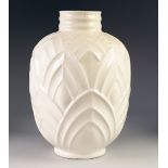 BOCH FRERES WHITE GLAZED MOULDED ART DECO LARGE POTTERY VASE, of footed ovoid form with short ribbed