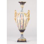 A LATE NINETEENTH CENTURY CONTINENTAL PORCELAIN SLENDER OVIFORM TWO HANDLED VASE, with narrow