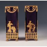 PAIR OF LATE NINETEENTH/ EARLY TWENTIETH CENTURY ORMOLU MOUNTED AMETHYST GLASS VASES, each of square