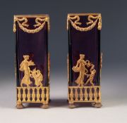 PAIR OF LATE NINETEENTH/ EARLY TWENTIETH CENTURY ORMOLU MOUNTED AMETHYST GLASS VASES, each of square