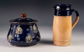 ROYAL DOULTON POTTERY TOBACCO JAR AND COVER, of bellied form with moulded knop to the slightly domed