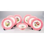 SEVEN PIECE VICTORIAN HAND PAINTED CHINA DESSERT SERVICE FOR SIX PERSONS, comprising: SIX PLATES AND