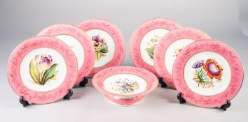 SEVEN PIECE VICTORIAN HAND PAINTED CHINA DESSERT SERVICE FOR SIX PERSONS, comprising: SIX PLATES AND