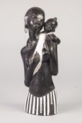 EARLY TWENTIETH CENTURY 'HANDMADE IN AUSTRIA' BLACK GLAZED POTTERY GROUP OF AN AFRICAN MOTHER AND