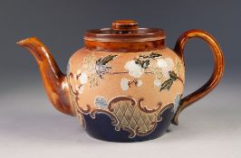 ROYAL DOULTON 'SLATER'S PATENT MOULDED POTTERY TEAPOT AND COVER, of typical form decorated in