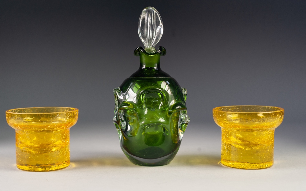 BO BORGSTROM FOR ASEDA GLASS, SWEDEN, GREEN CASED DECANTER AND STOPPER, of ovoid form with clear