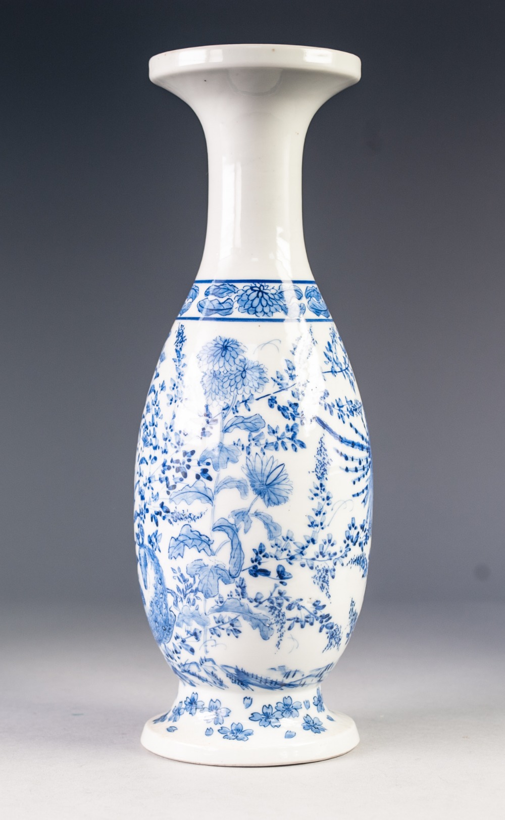 JAPANESE BLUE AND WHITE PORCELAIN VASE, of slender ovoid form with waisted neck and spreading - Image 3 of 4