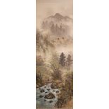 PAIR OF CHINESE WATERCOLOUR DRAWINGS ON SILK PANELS each depicting figures and dwellings in misty