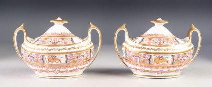 POSSIBLY SPODE, PAIR OF NINETEENTH CENTURY JAPAN PATTERN PORCELAIN TWO HANDLED SMALL TUREENS AND