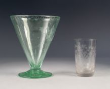 NINETEENTH CENTURY ENGRAVED SODA GLASS CONICAL VASE, wheel cut with leafy branch and zig-zag border,