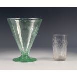 NINETEENTH CENTURY ENGRAVED SODA GLASS CONICAL VASE, wheel cut with leafy branch and zig-zag border,