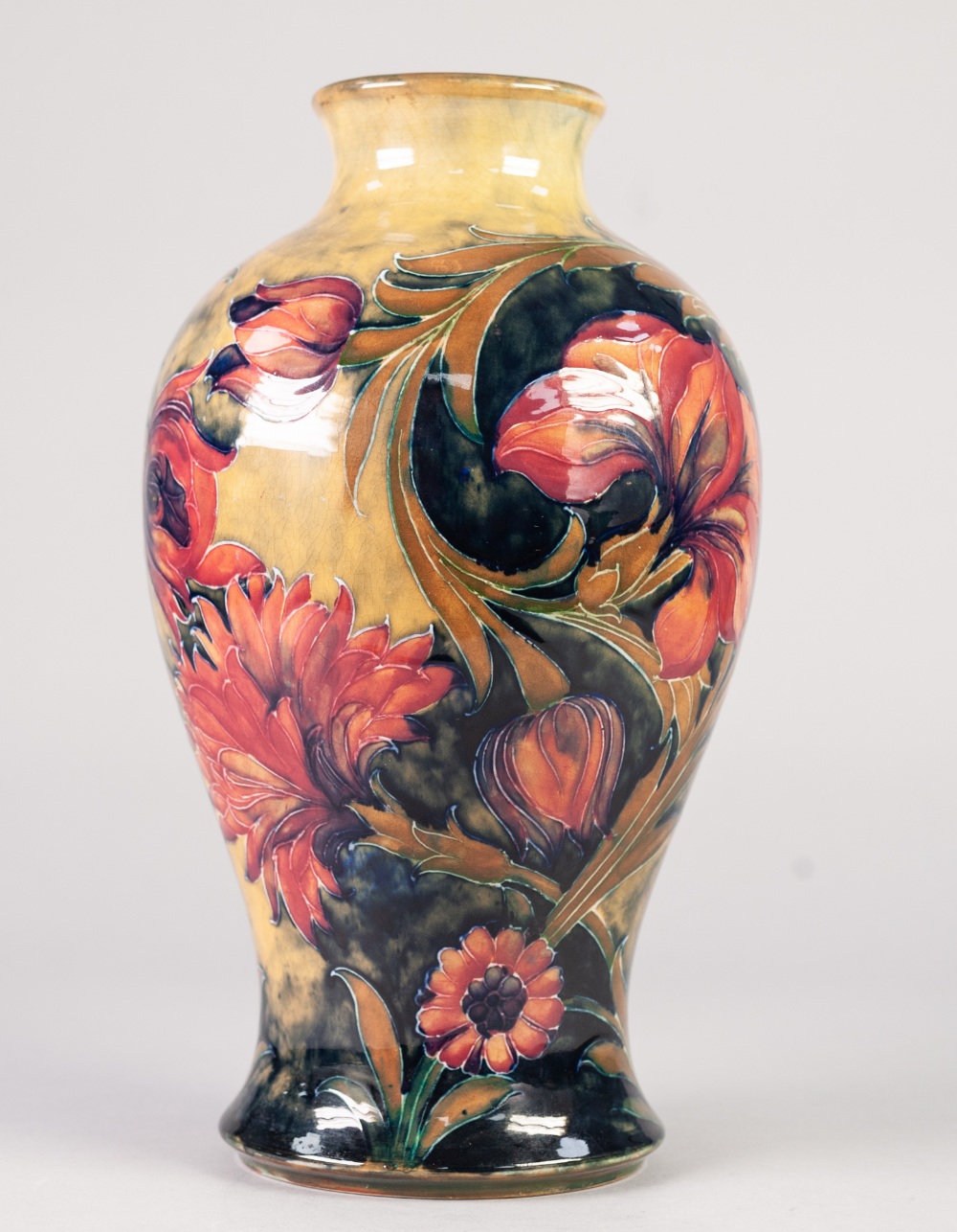 A GOOD INTER-WAR YEARS WILLIAM MOORCROFT POTTERY INVERTED BALUSTER SHAPE VASE, tube-lined with brick - Image 4 of 5