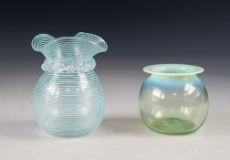 VICTORIAN SMALL VASELINE GLASS VASE, of orbicular form with flat, tinted rim, 2 ½" (6.4cm) high,