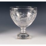 EARLY NINETEENTH CENTURY ENGRAVED GLASS LARGE PEDESTAL DISH, of typical form with square base, the