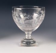 EARLY NINETEENTH CENTURY ENGRAVED GLASS LARGE PEDESTAL DISH, of typical form with square base, the