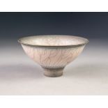 BILL WINSTANLEY? PALE PINK CRACKLE RAKU GLAZED STUDIO POTTERY FOOTED DISH, with fading green centre,