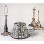 THREE TIFFANY STYLE MOULDED METAL ELECTRIC TABLE LAMPS, ONE WITH COLOURED GLASS SHADE, (3)