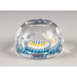 WHITEFRIARS MILLEFIORI GLASS PAPERWEIGHT, facet cut, with concentric canes in blue, yellow, white