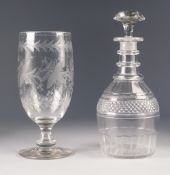 NINETEENTH CENTURY CUT GLASS DECANTER AND STOPPER WITH TRIPLE RING NECK, and mushroom stopper, 10 ½"