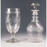 NINETEENTH CENTURY CUT GLASS DECANTER AND STOPPER WITH TRIPLE RING NECK, and mushroom stopper, 10 ½"